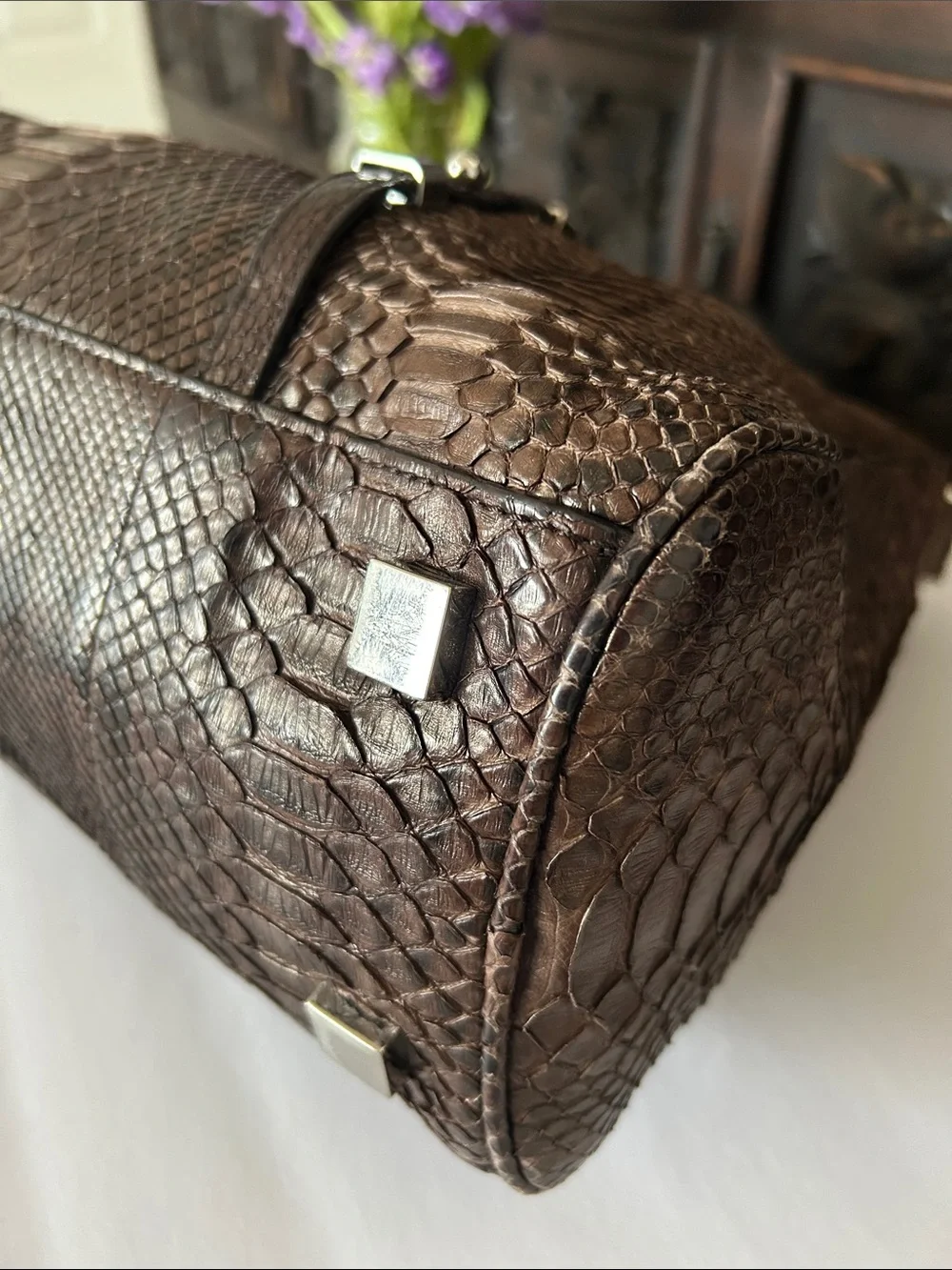 Michael Kors Brown Textured Leather Satchel with Silver-Tone Hardware